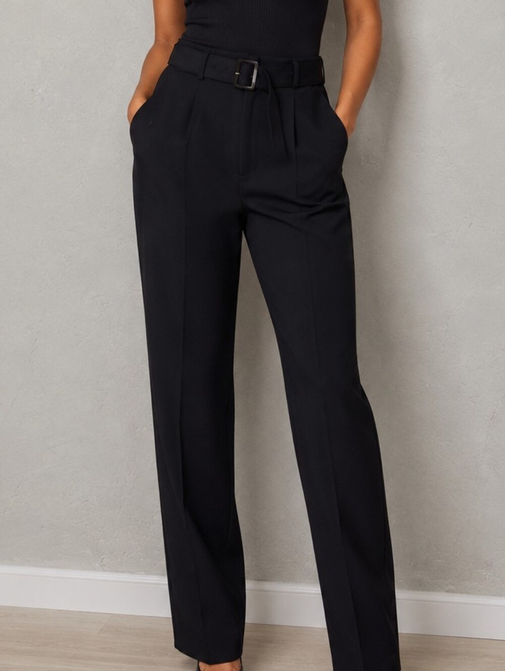 LOFT Womens Black High-Rise Belted Tapered Dress Trousers Straight Leg Pants